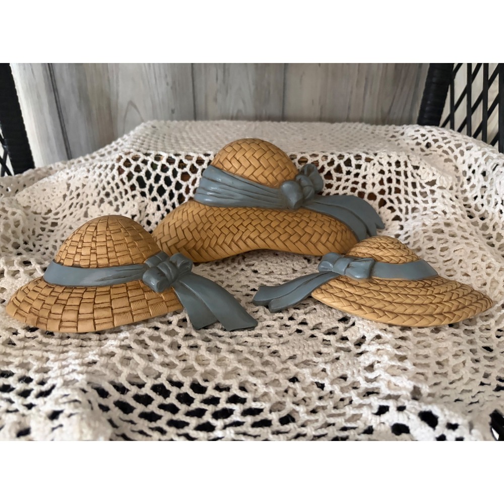 Vintage Homco Straw Hat Wall Decor Set 3 Blue Ribbon Cottagecore 2808 1987 USA